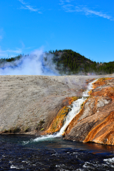 Hot spring flowing into Firehole River from Midway Geyser Basin Yellowstone National Park 2