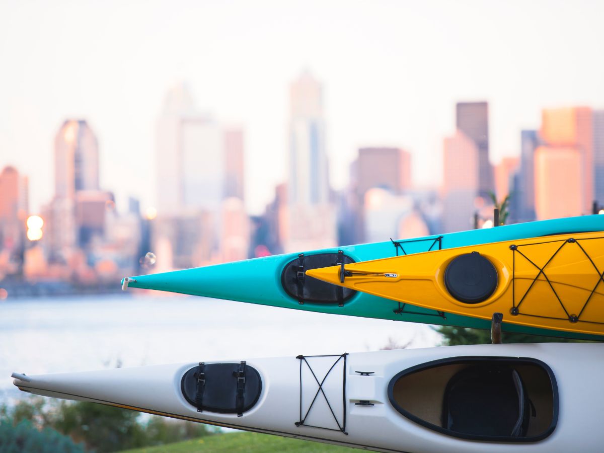 Kayaks on Rack at Alki Beach Seattle Area Kayaking (1)